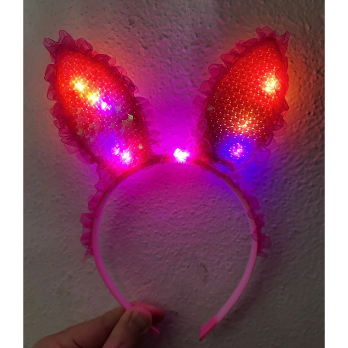 Kenarları Dantelli Fuşya Pullu Payetli Led Işıklı Tavşan Kulak Taç 23x19 cm (5324)