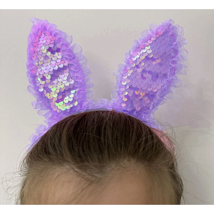 Kenarları Dantelli Mor Pullu Payetli Led Işıklı Tavşan Kulak Taç 23x19 cm (5324)