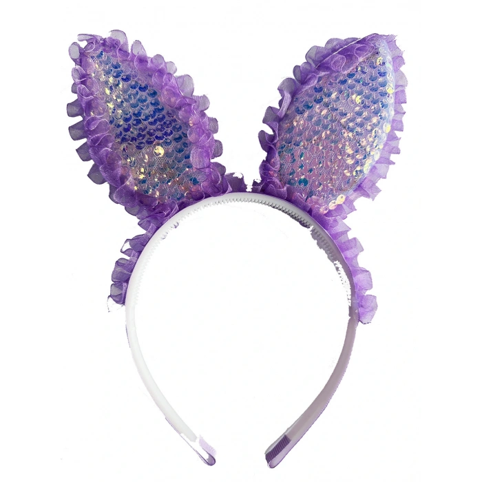 Kenarları Dantelli Mor Pullu Payetli Led Işıklı Tavşan Kulak Taç 23x19 cm (5324)