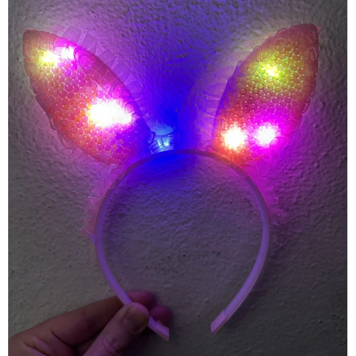 Kenarları Dantelli Pembe Pullu Payetli Led Işıklı Tavşan Kulak Taç 23x19 cm (5324)