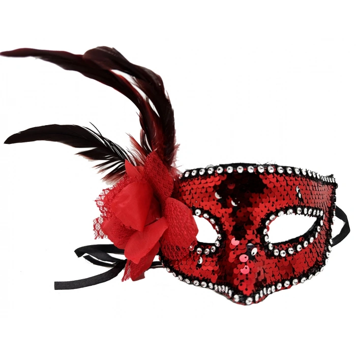 Kırmızı Renk Yandan Tüylü Güllü Gümüş Taşlı Pullu Maske 20x22 cm (5324)