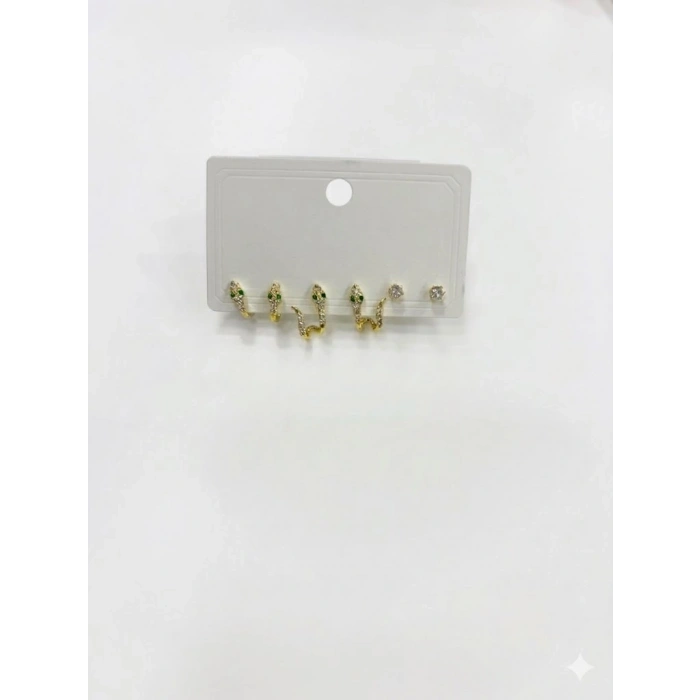 Kıvrımlı Yeşil Gözlü Yılan Detaylı Altılı Küpe - Kp00564