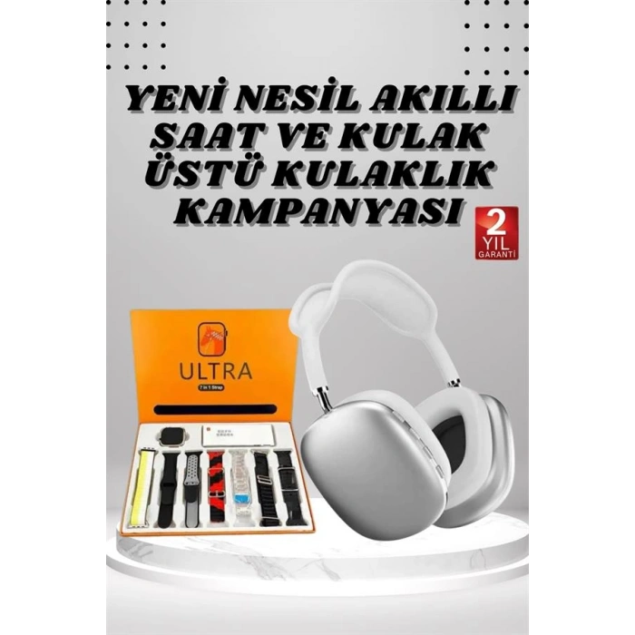 Kulak Üstü P9 Kablosuz Bluetooth Kulaklık ve 7 Kordonlu Akıllı Saat