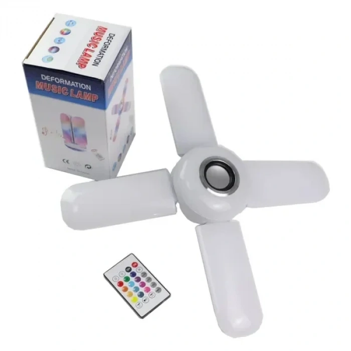 Lamba 4 Kanatlı E27 Duya Takılan Kumandalı Katlanabilir Led Müzik Lamba Işığı Avize Bluetooth Hoparlör (5324)