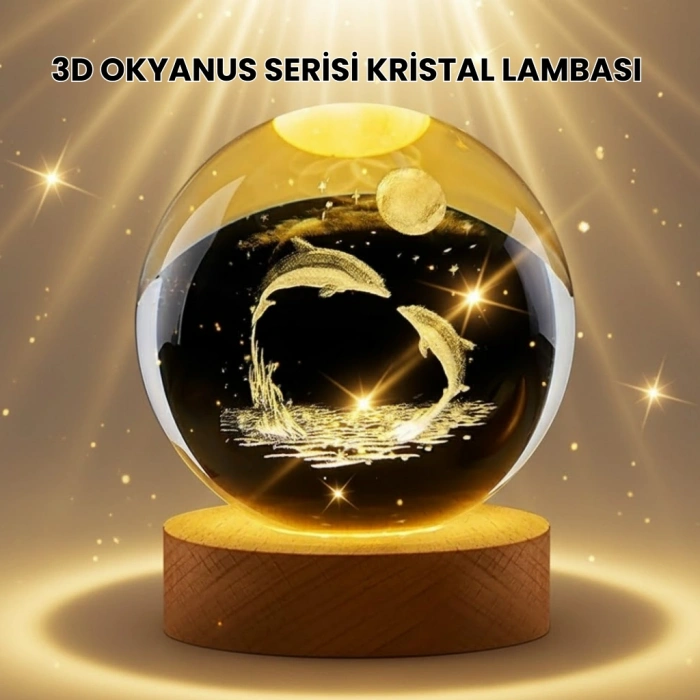 Lazer İşlemeli Yunus Kristal Küre Sıcak Işıklı Ahşap Standlı