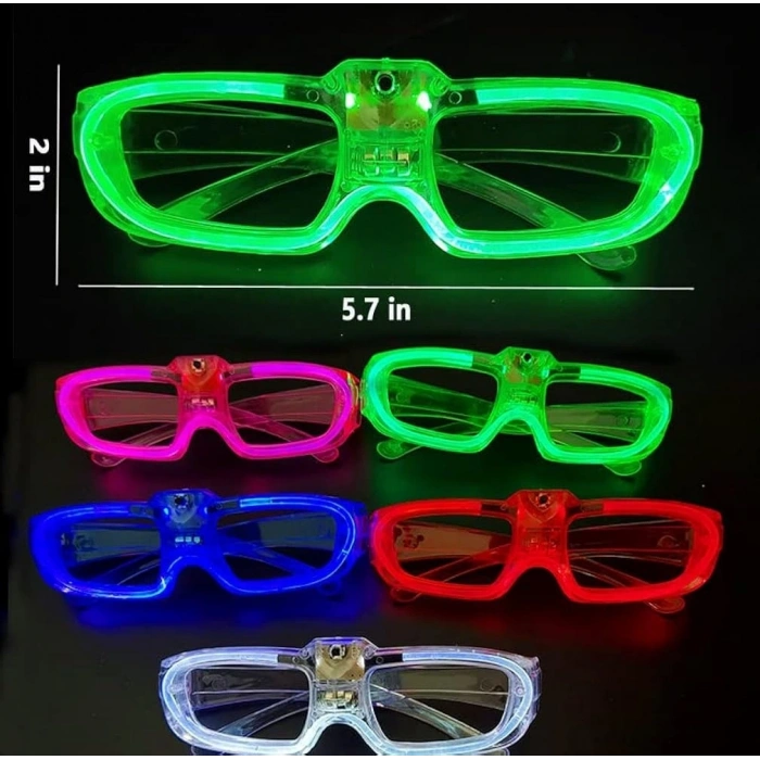 Led Işıklı Glow Pilli Parti Gözlüğü - Glow Efektli 6 Adet 5 Renk