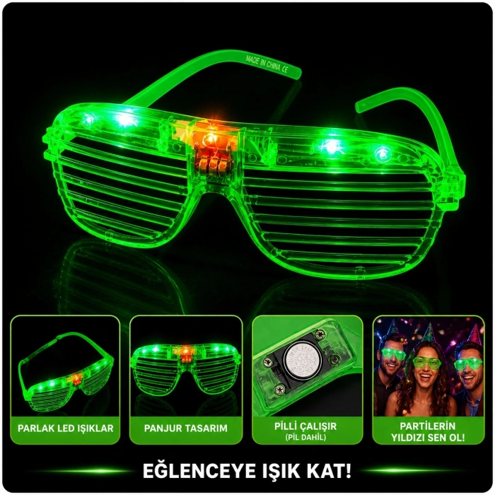 LED Işıklı Panjur Parti Gözlüğü Yeşil Renk Shutter Gözlük (5324)