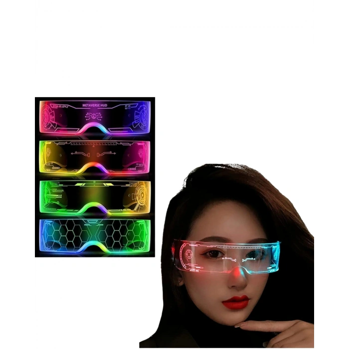 Led Işıklı Rave Gözlüğü 7 Renk 5 Işık Modu Futuristik Tasarım