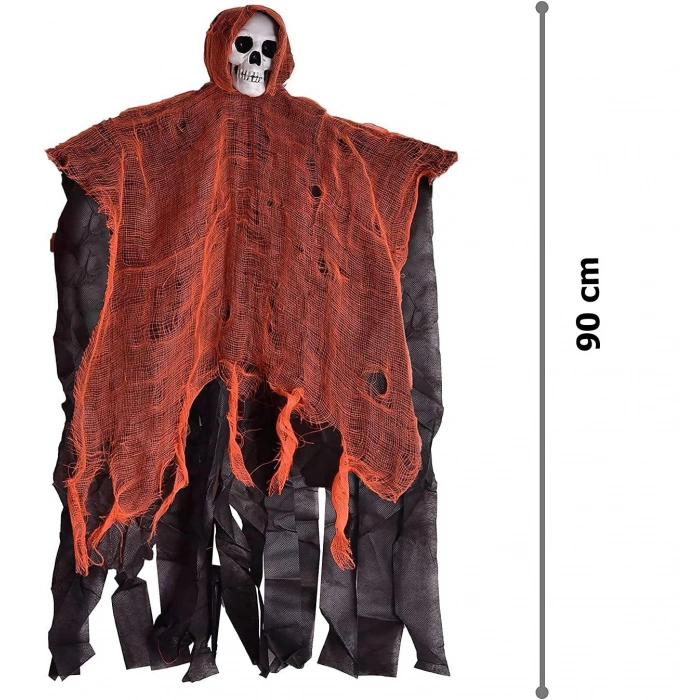 LED Işıklı Sesli Sensörlü Kuru Kafa Hayalet Saçaklı Dekor 90x50 cm