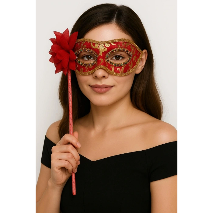 Lüks Taşlı Saplı Maskeli Balo Maskesi Kırmızı Renk 35 cm (5324)