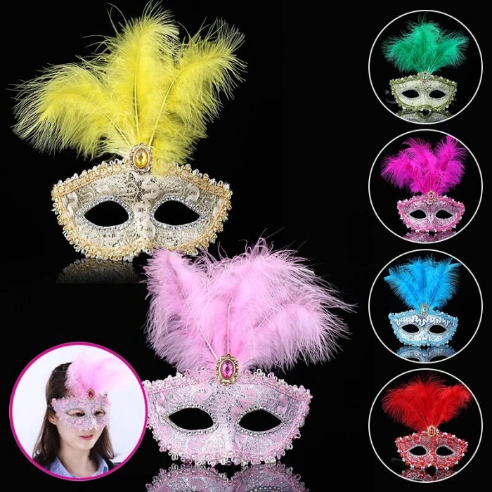 Mavi Dantel İşlemeli Mavi Tüylü Balo Parti Maskesi 17x20 cm (5324)