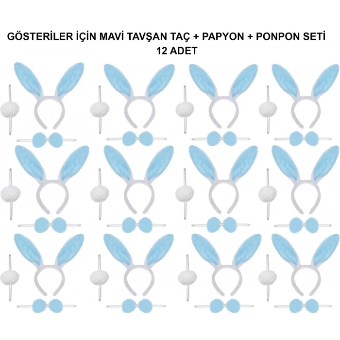 Mavi Tavşan Kostüm Seti – Taç, Papyon, Ponpon (12’li Paket) (5324)