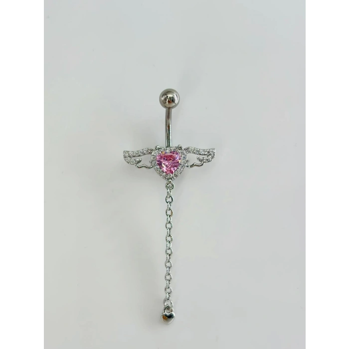 Melek Kanatlı  Pembe Taşlı Kalp Detaylı Sallantılı  Göbek Piercing - Pg0104