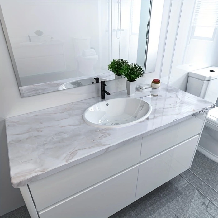 Mermer Desenli Mutfak Duvar Kağıdı Sticker - 5mx60cm Su Geçirmez, Yağa Dayanıklı, Yüksek Sıcaklığa Dayanıklı Tezgah, Dolap, Ocak Yenileme Folyosu T04