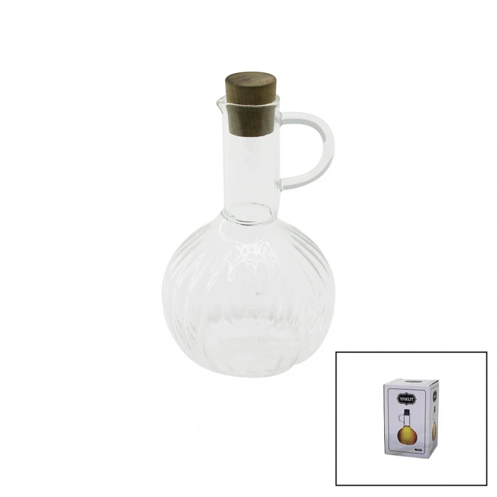 MİNİ CAM YAĞDANLIK ÇİZGİLİ DESEN 300ML AHŞAP BAMBU MANTAR TIPA (5324)