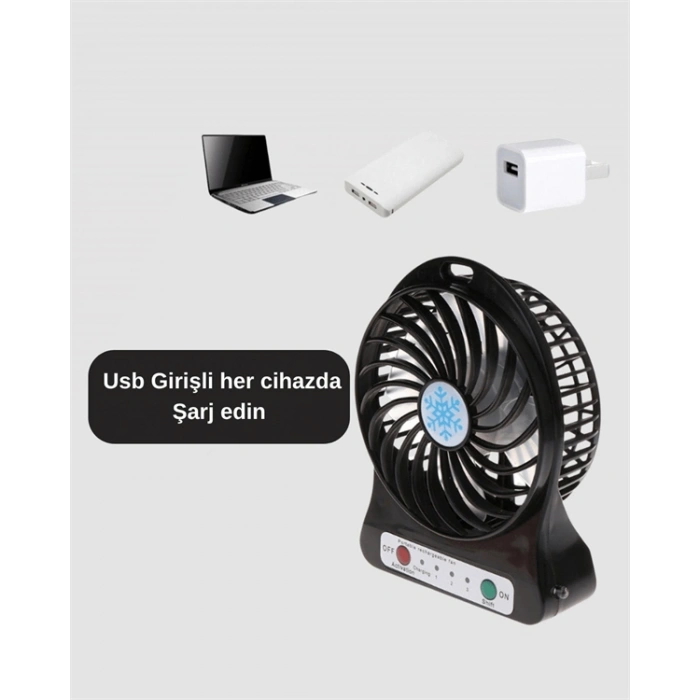Mini Vantilatör Masaüstü – Usb Girişli, Şarjlı, 3 Kademe, Sessiz Motor, Işıklı