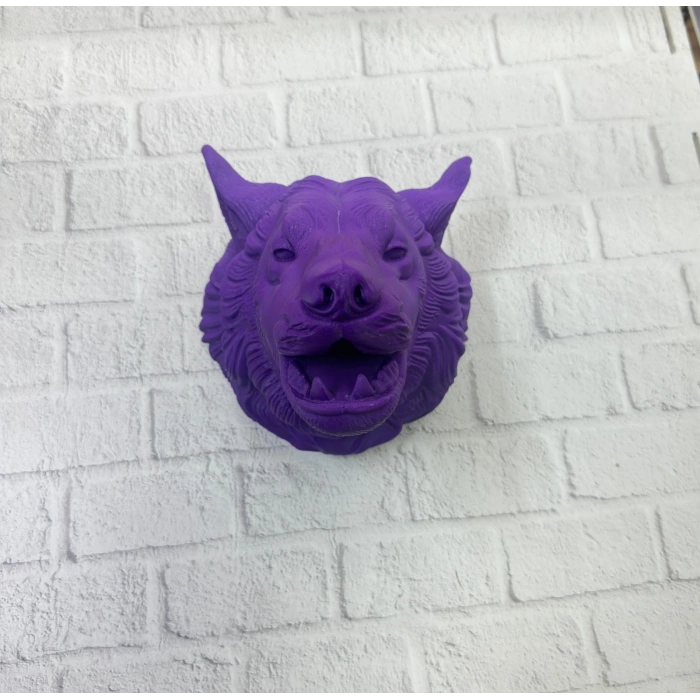 Mor Renk 3D Kurt Başı Duvar Dekoru Asılabilir Maskot Heykel 25x19 cm