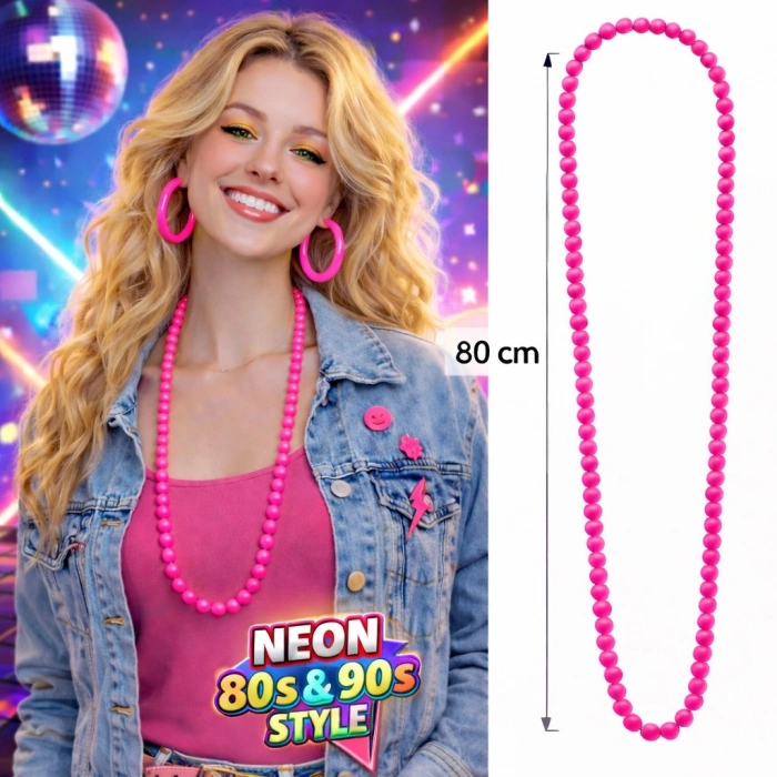 Neon Pembe Boncuk Kolye 80 cm – Retro 80’ler 90’lar Parti Aksesuarı (5324)