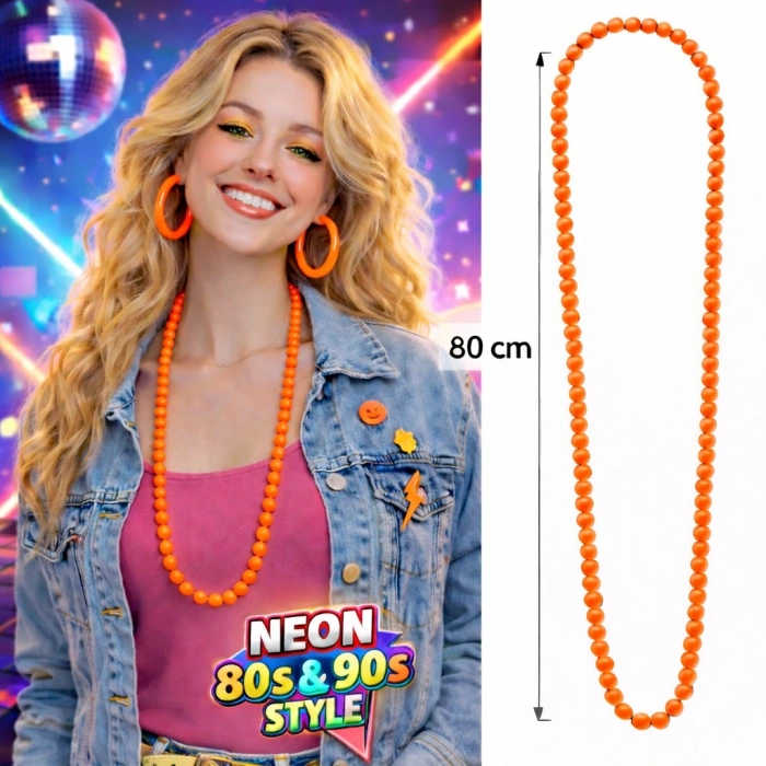 Neon Turuncu Boncuk Kolye 80 cm – Retro 80’ler 90’lar Parti Aksesuarı (5324)