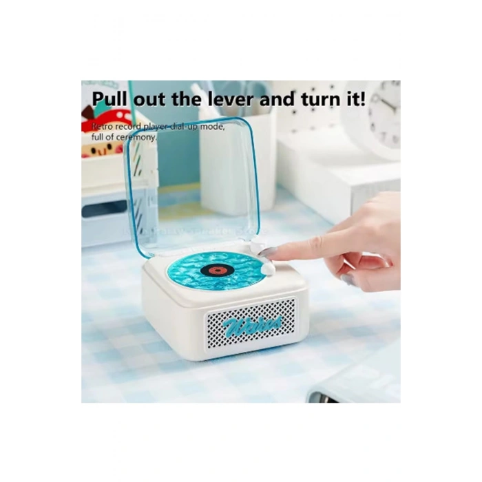 Nostalji Mini Plak Görünümlü Radyolu Bluetooth Hoparlör 3d Ses Dalgası Retro Müzik Plak Beyaz
