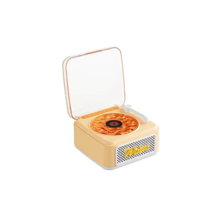 Nostalji Mini Plak Görünümlü Radyolu Bluetooth Hoparlör 3d Ses Dalgası Retro Müzik Plak Sarı