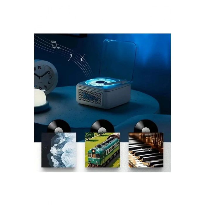 Nostalji Mini Plak Görünümlü Radyolu Bluetooth Hoparlör 3d Ses Dalgası Retro Müzik Plak Siyah