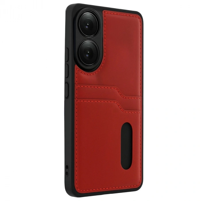 Oppo A38 Sara Kartvizitli Deri Kılıf - Kırmızı