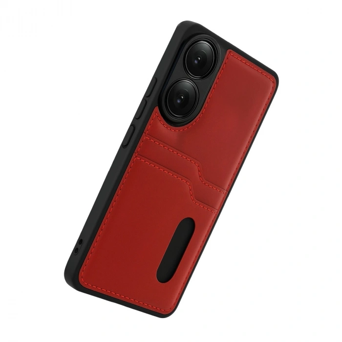 Oppo A38 Sara Kartvizitli Deri Kılıf - Kırmızı