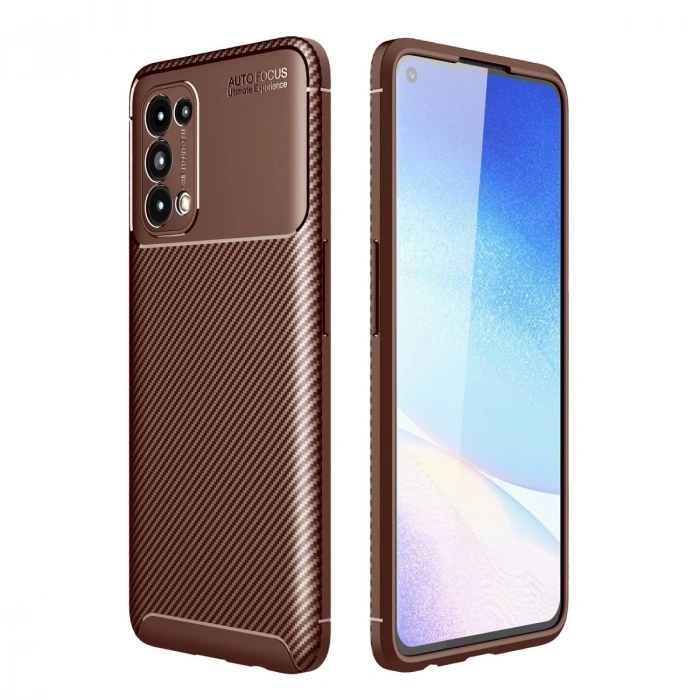Oppo Reno 5 Kılıf Auto Focus Karbon Kapak - Kahverengi