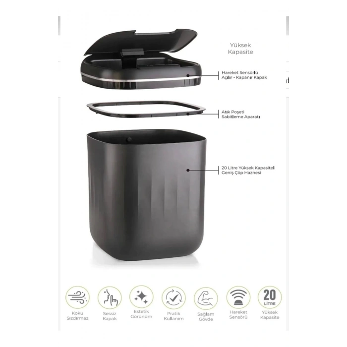 Otomatik Hareket Sensörlü Akıllı Çöp Kovası – 20 Litre Sessiz ve Hijyenik Kullanım