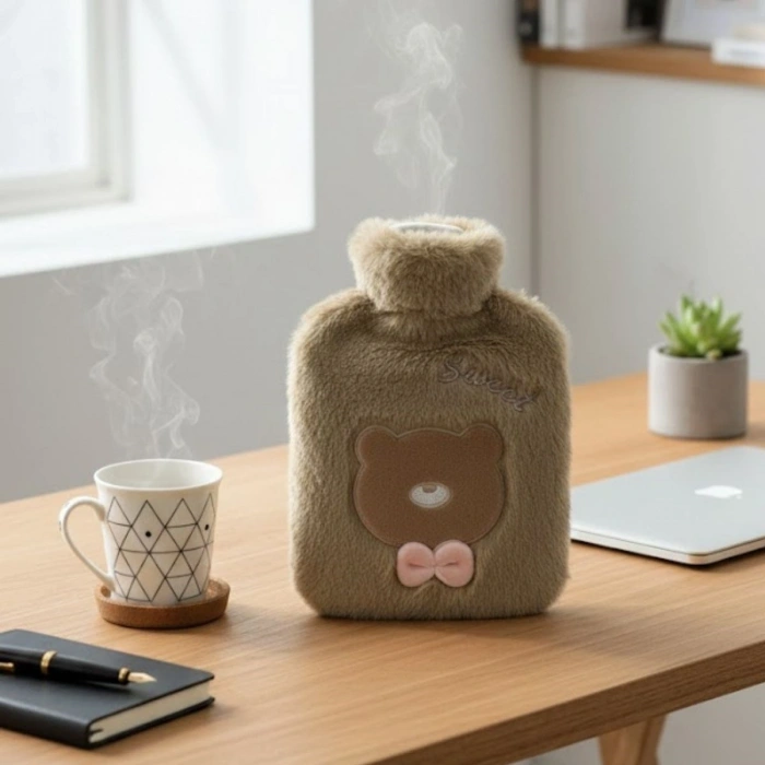 Papyonlu Ayıcıklı Kahverengi Figürlü Peluş Sıcak Su Torbası 1 Lt – Yumuşak Kılıf, Uzun Süre Sıcak Tutan Termal Su Torbası (5324)