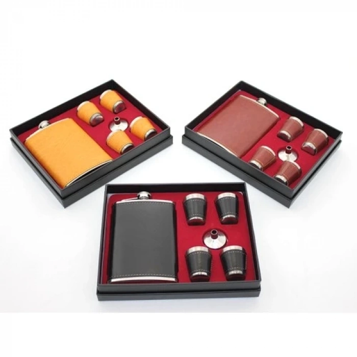 Paslanmaz Çelik 4 Shot Bardaklı Derili Matara Seti Model 1