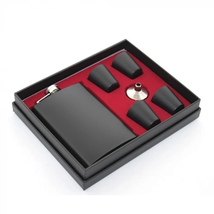 Paslanmaz Çelik 4 Shot Bardaklı Matara Seti Siyah Renk