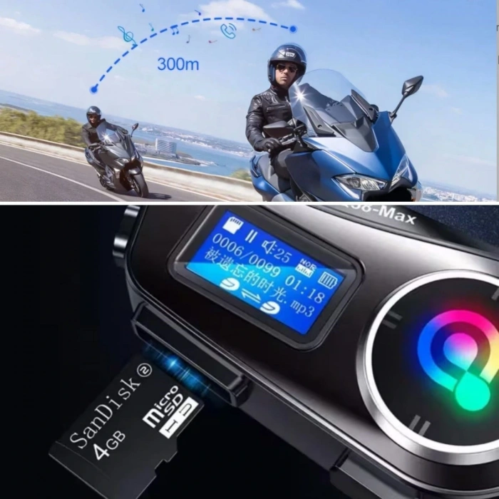 Q58 Motorsikletler İçin Fener Özellikli SD Kart Bölümlü LCD Ekranlı Kablosuz Bluetooth Kulaklıklı – Suya Dayanıklı Kask Kulaklığı (5324)