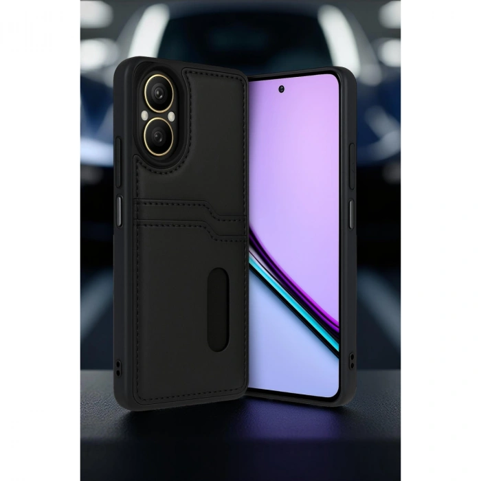 Realme 12 Lite Kılıf Sara Kartvizitli Deri Kılıf - Siyah
