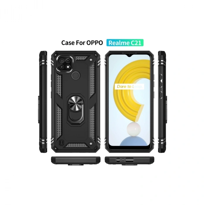 Realme C21 Kılıf Sofya Yüzüklü Silikon Kapak - Siyah