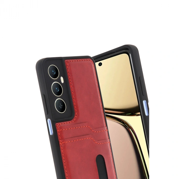 Realme C65 Sara Kartvizitli Deri Kılıf - Kırmızı