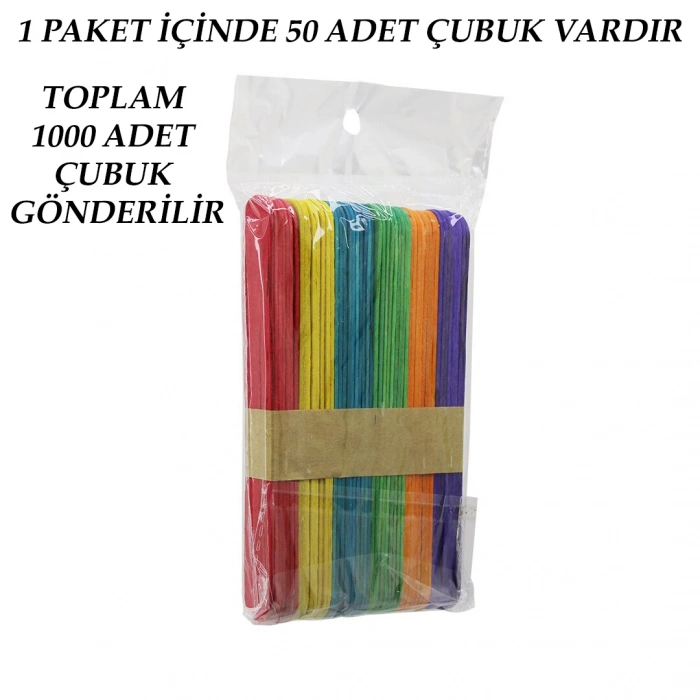 RENKLİ - 1000 ADET AHŞAP ELİŞİ - DİL ÇUBUK 15CM X 1.8CM (5324)