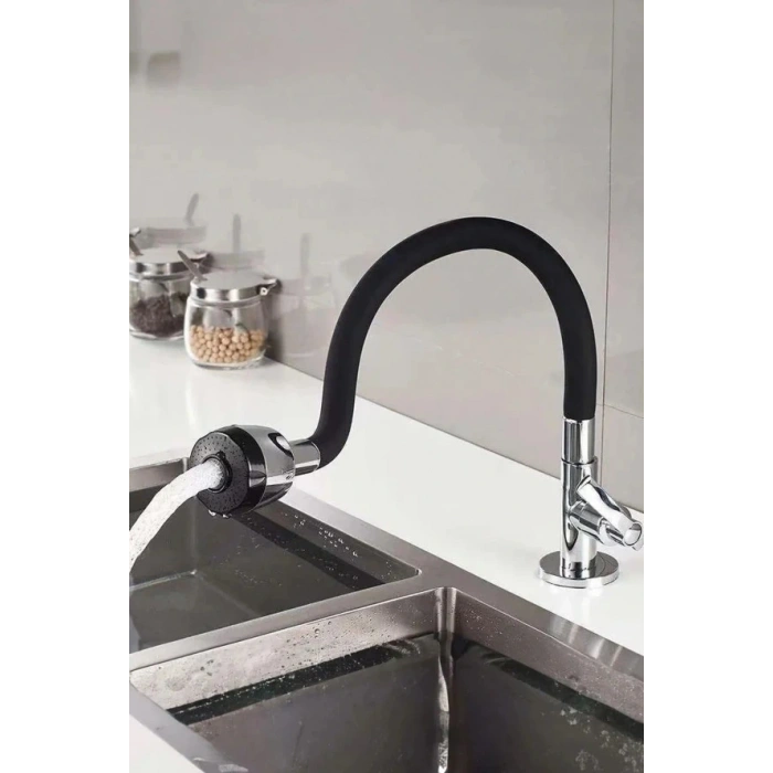 Renkli Silikonlu Oynar Başlıklı 2 Fonksiyonlu Spiral Musluk Başlığı - Siyah (5324)