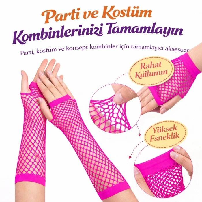 Retro Neon Fuşya File Parmaksız Eldiven 26 cm