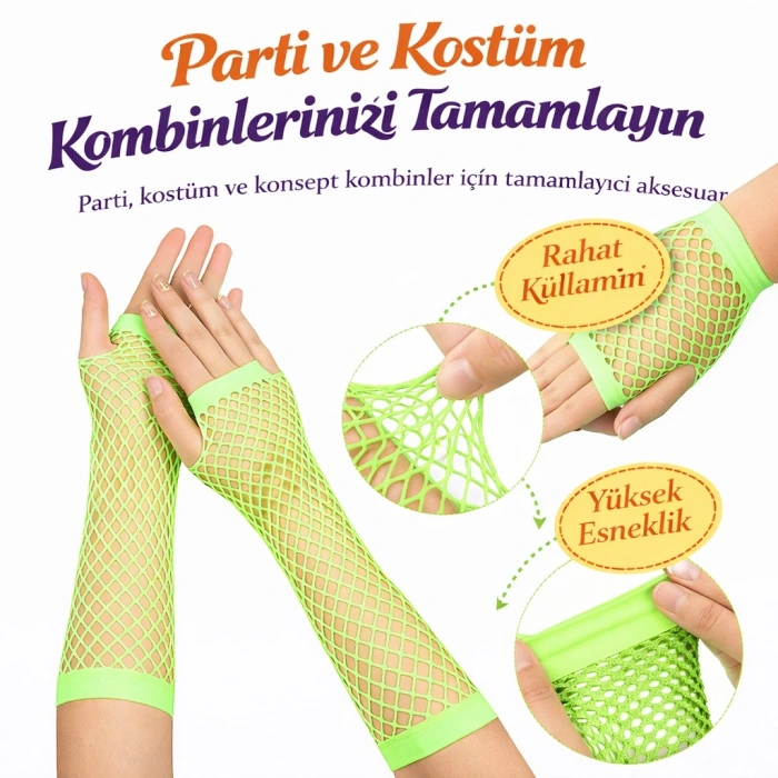 Retro Neon Yeşil File Parmaksız Eldiven 26 cm