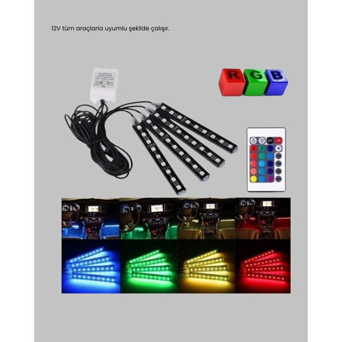 Rgb Araç İçi Led Aydınlatma 12v 48 Led Müzik Kontrollü 4 Şerit Set