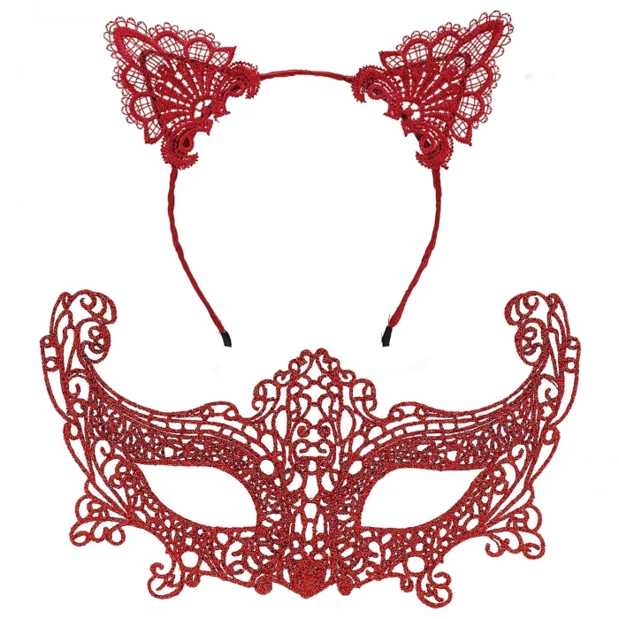 Romantik Kırmızı Dantel Maske Seti – Kedi Kulaklı Taç ve Maske 3 No