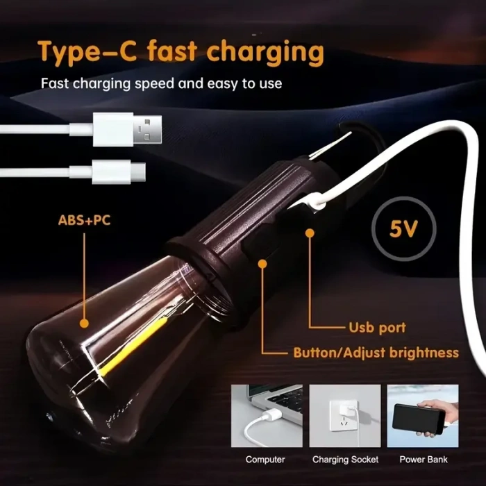 Rustik Taşınabilir Şarjlı Tasarruflu Ampul 10W Led Lamba Type-c Şarj Askılı Asma Aydınlatma T020 (5324)