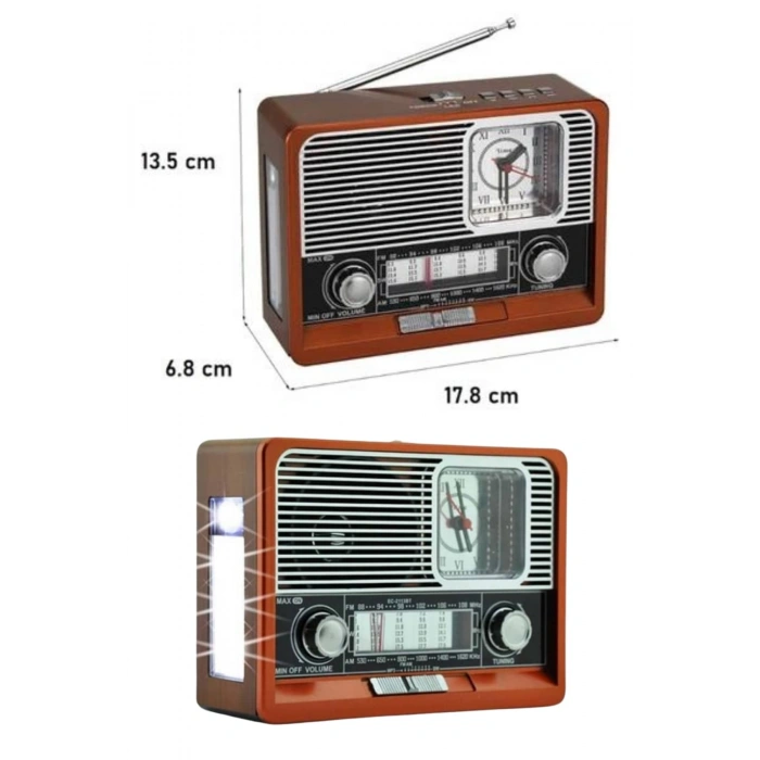 Saatli Fenerli Bluetooth Nostaljik Radyo AUX SD USB Girişli Bluetooth Hoparlör