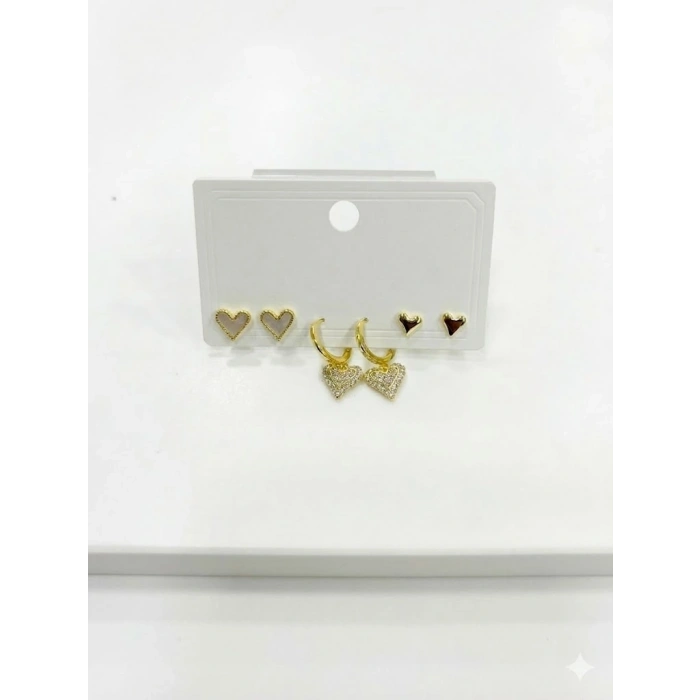 Sallantılı Kalp Detaylı Altılı Küpe - Kp00635