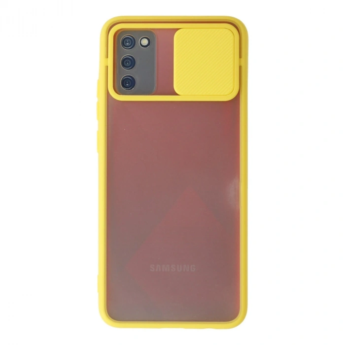 Samsung Galaxy A02s Kılıf Palm Buzlu Kamera Sürgülü Silikon - Sarı