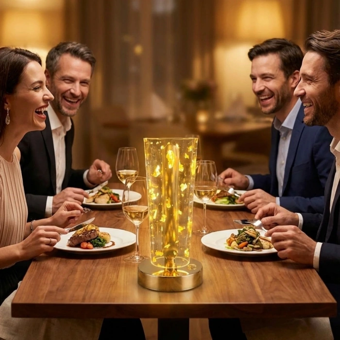 Silindirik Kristal Altın Toz Model LED Masa Lambası – Gold Tabanlı, Dokunmatik, 3 Renk Işık Modlu, Şarjlı Modern Dekoratif Gece Lambası (5324)