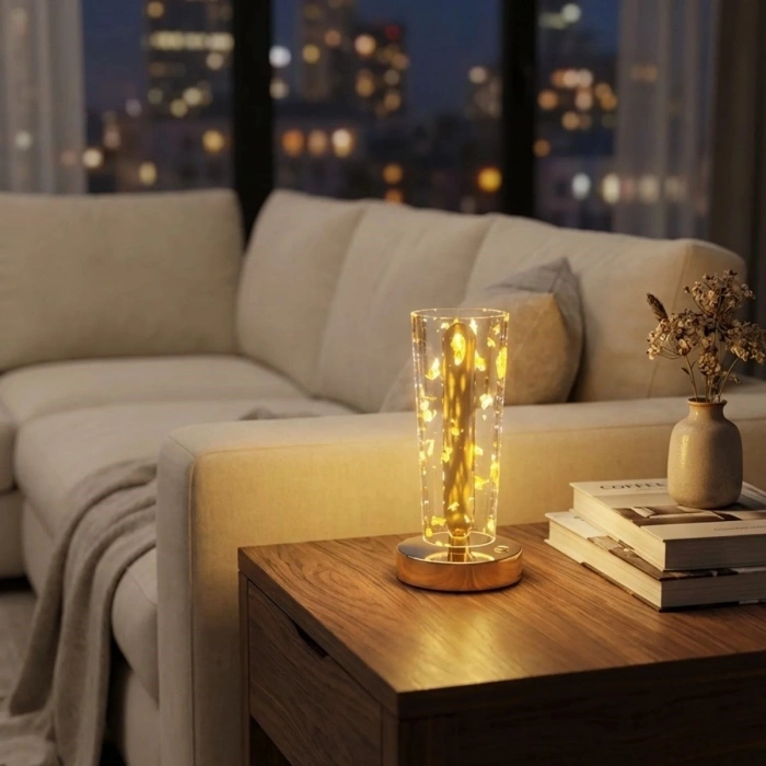 Silindirik Kristal Altın Toz Model LED Masa Lambası – Gold Tabanlı, Dokunmatik, 3 Renk Işık Modlu, Şarjlı Modern Dekoratif Gece Lambası (5324)