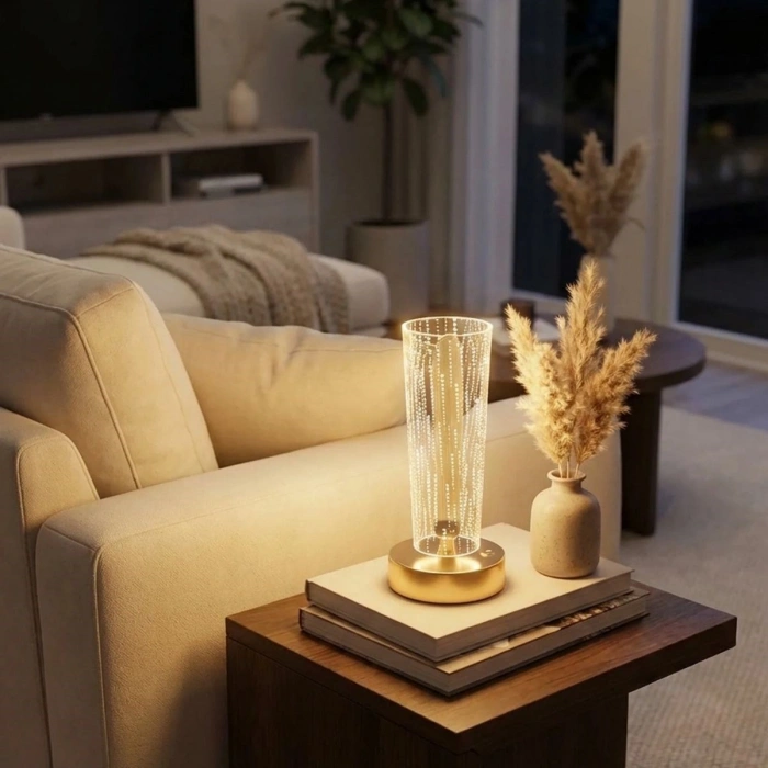 Silindirik Kristal Nokta Model LED Masa Lambası – Gold Tabanlı, Dokunmatik, 3 Renk Işık Modlu, Şarjlı Modern Dekoratif Gece Lambası (5324)